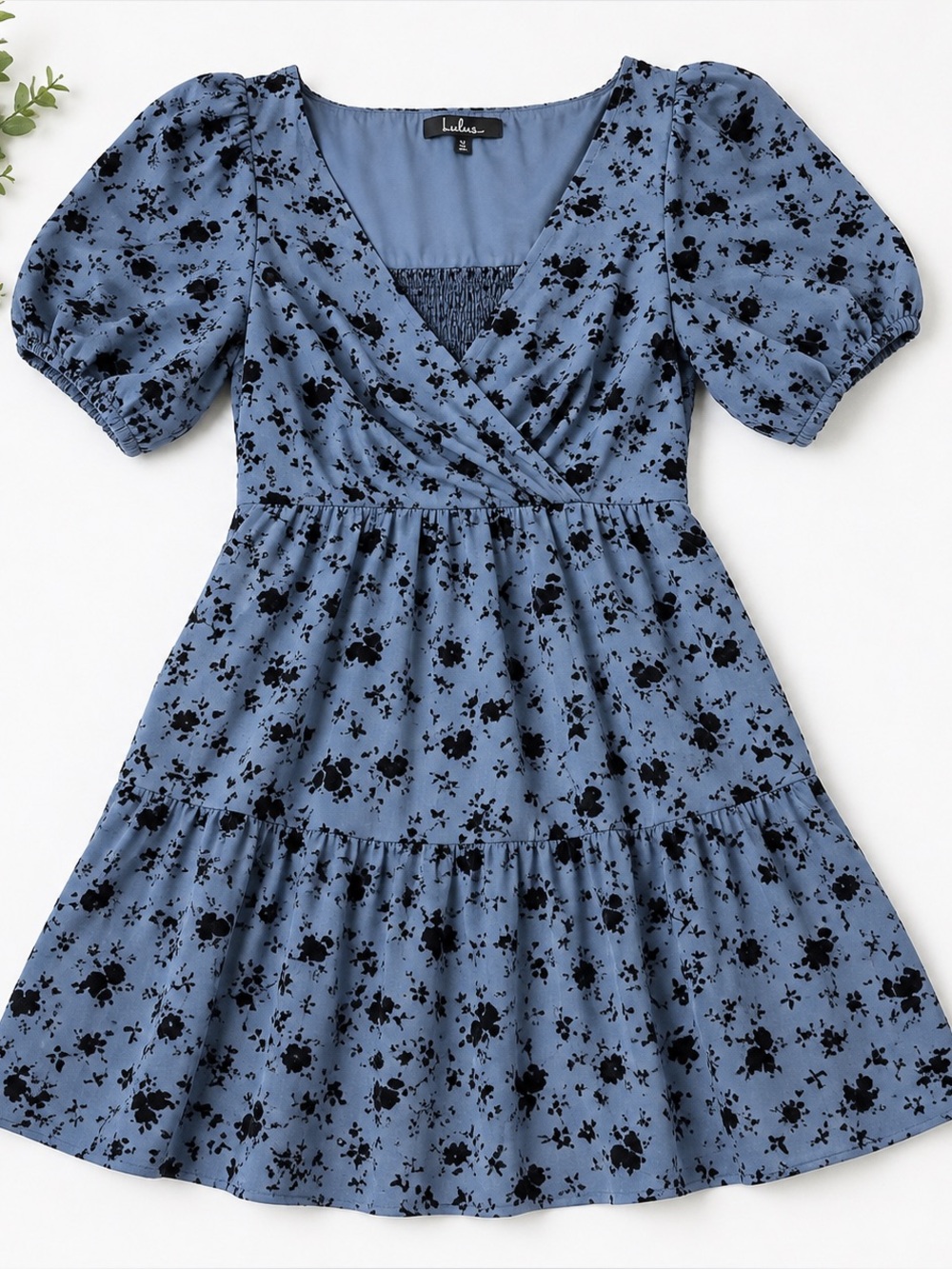 Lulus Can’t Hurry Love Slate Blue Floral Puff Sleeve Mini Dress S
